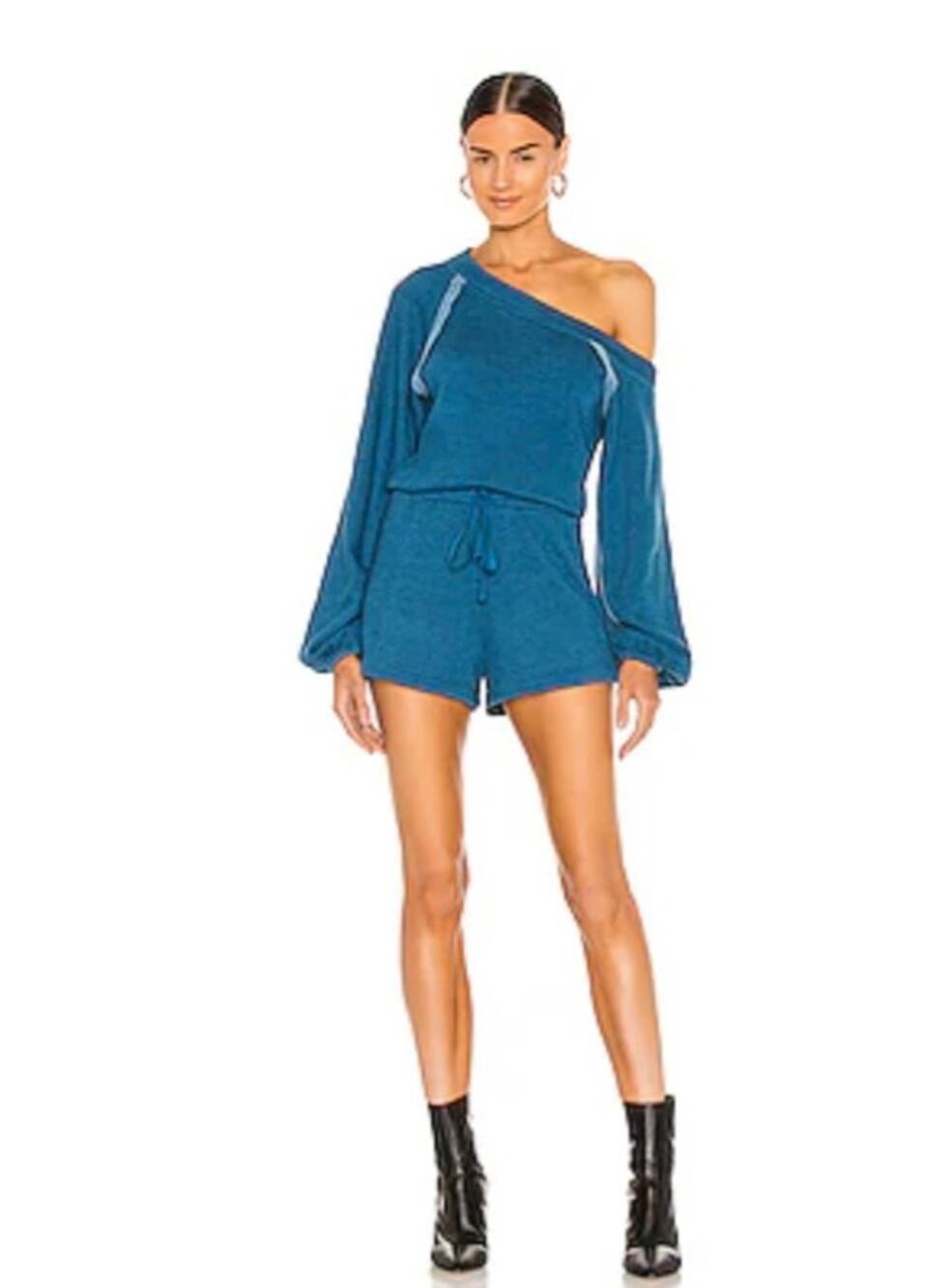 Lovers + Friends Off Shoulder :Long Sleeve Cozy Romper in Teal Blue Size XL